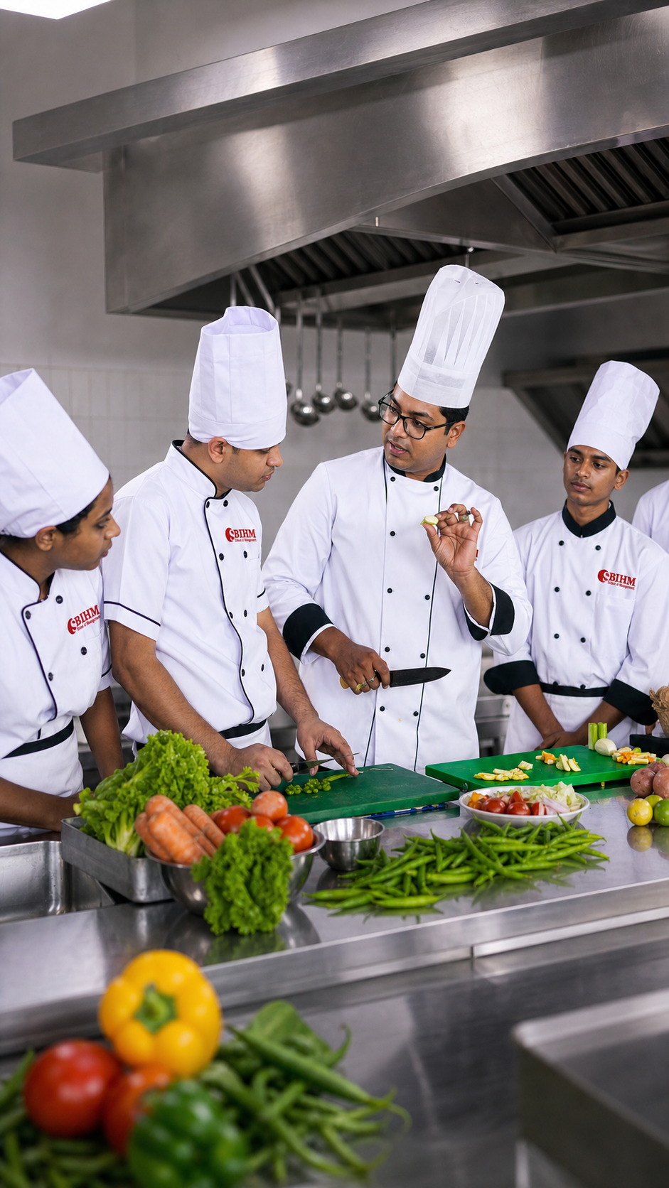 SBIHM professional training kitchen with commercial-grade equipment where BHM students practice live cooking