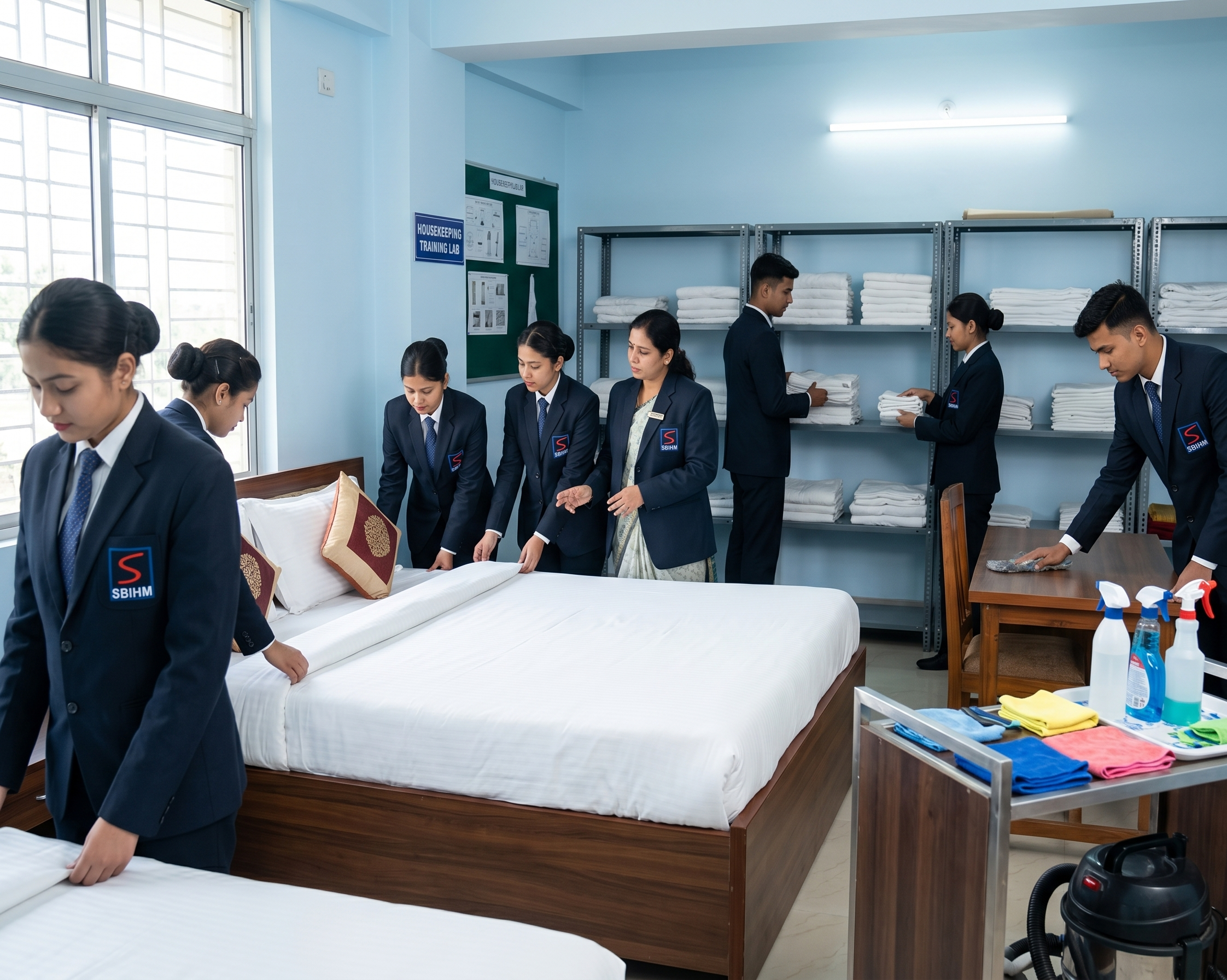 SBIHM housekeeping lab where students practice bed-making, room servicing and linen management